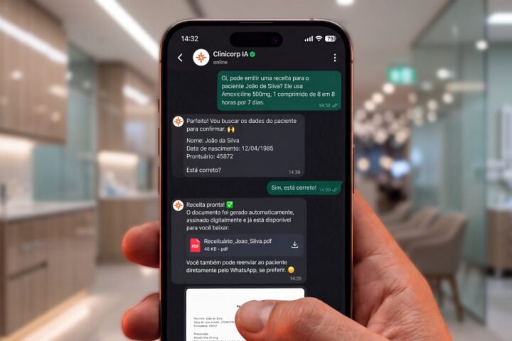 Receituário via WhatsApp, do Clinicorp, é o primeiro do Brasil a unir emissão pelo app, inteligência artificial e assinatura digital com validade jurídica.