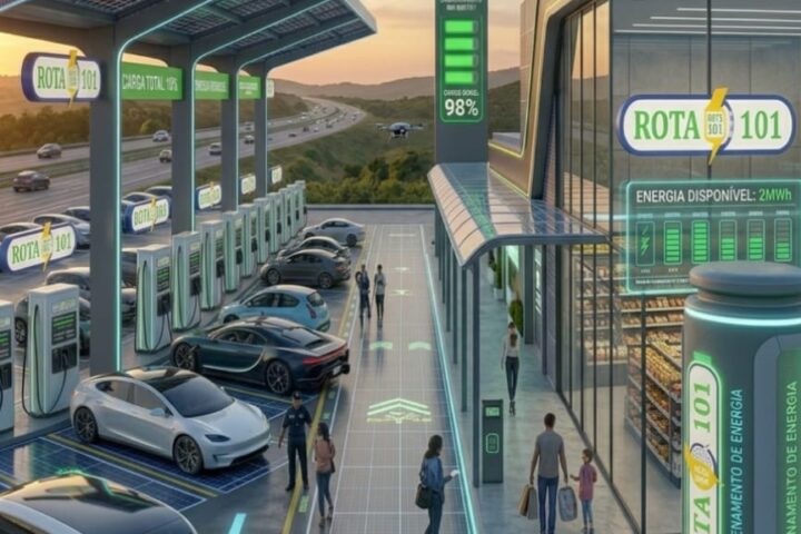 Projeção conceitual de unidade da rede Rota BR 101: estação de recarga rápida com carregadores DC, cobertura fotovoltaica e conveniência integrada ao longo do corredor da BR-101.